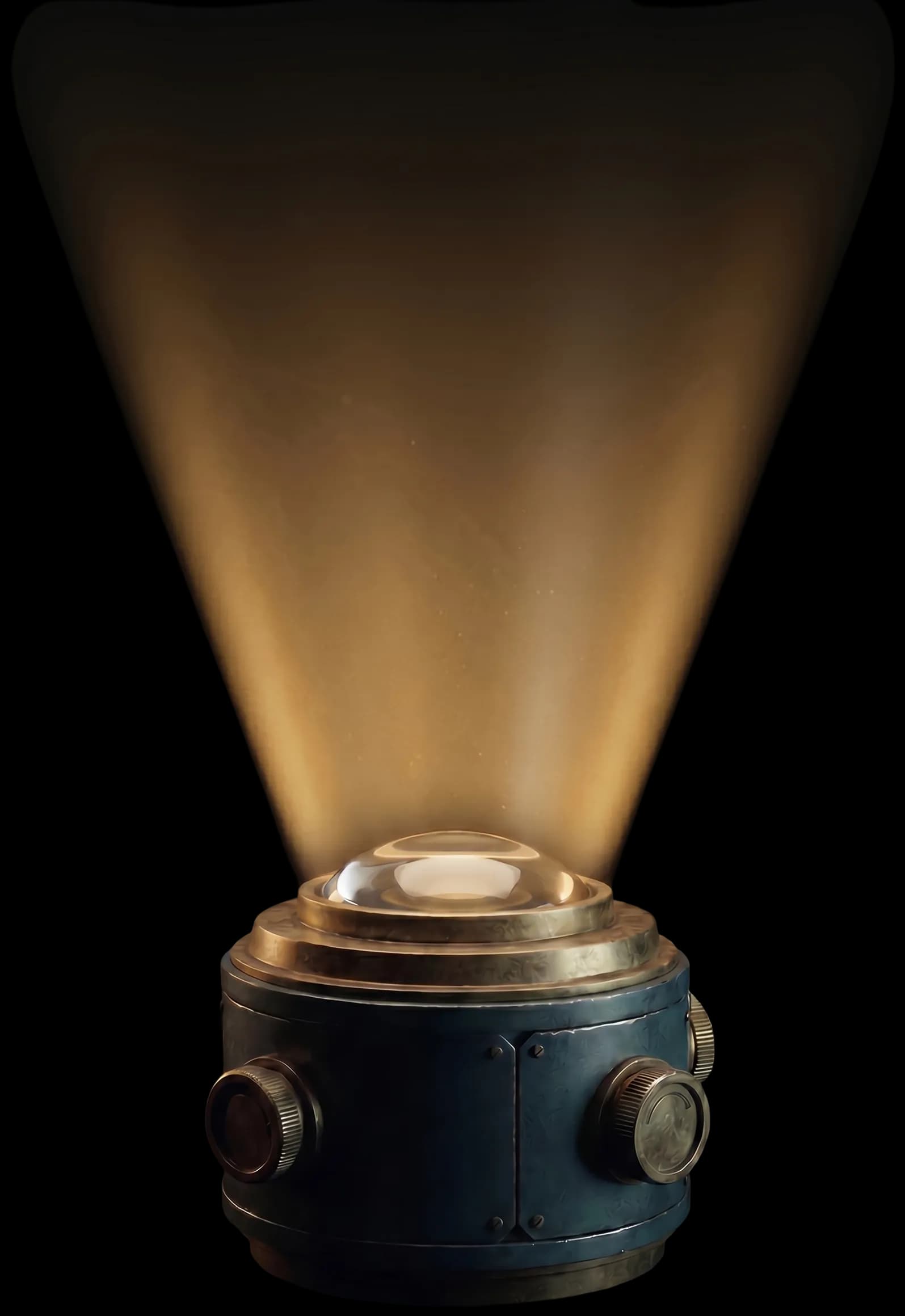Steampunk projector device casting a warm gold cone of light upward