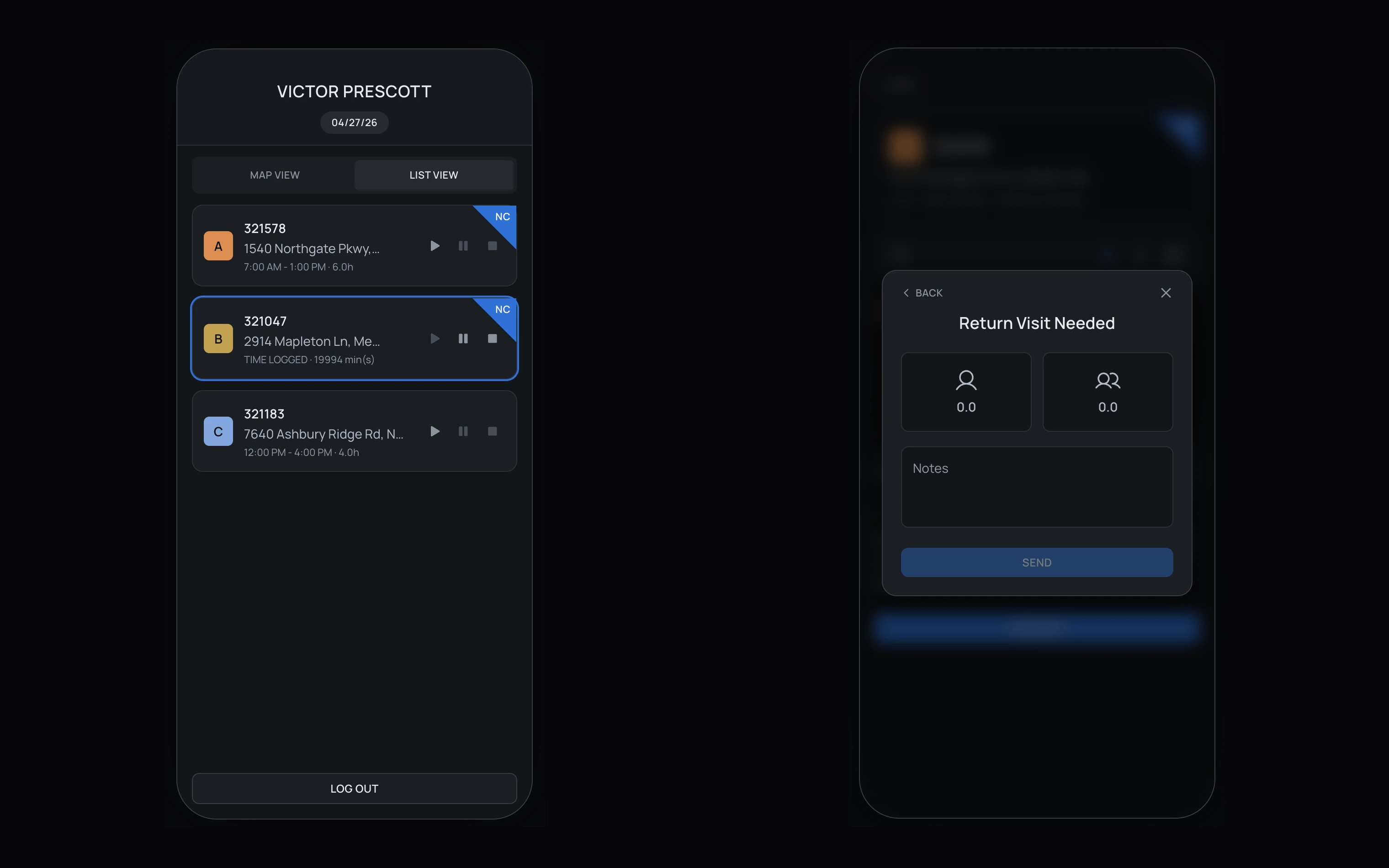 Mobile field portal shown as two phone screens side by side. A day list of jobs with start/pause/stop controls, and the return-visit-needed checklist modal a crew completes before leaving a site.