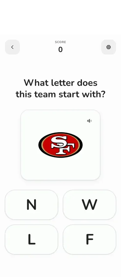 NFL letter logos game in play, showing a logo with its team name's first letter highlighted