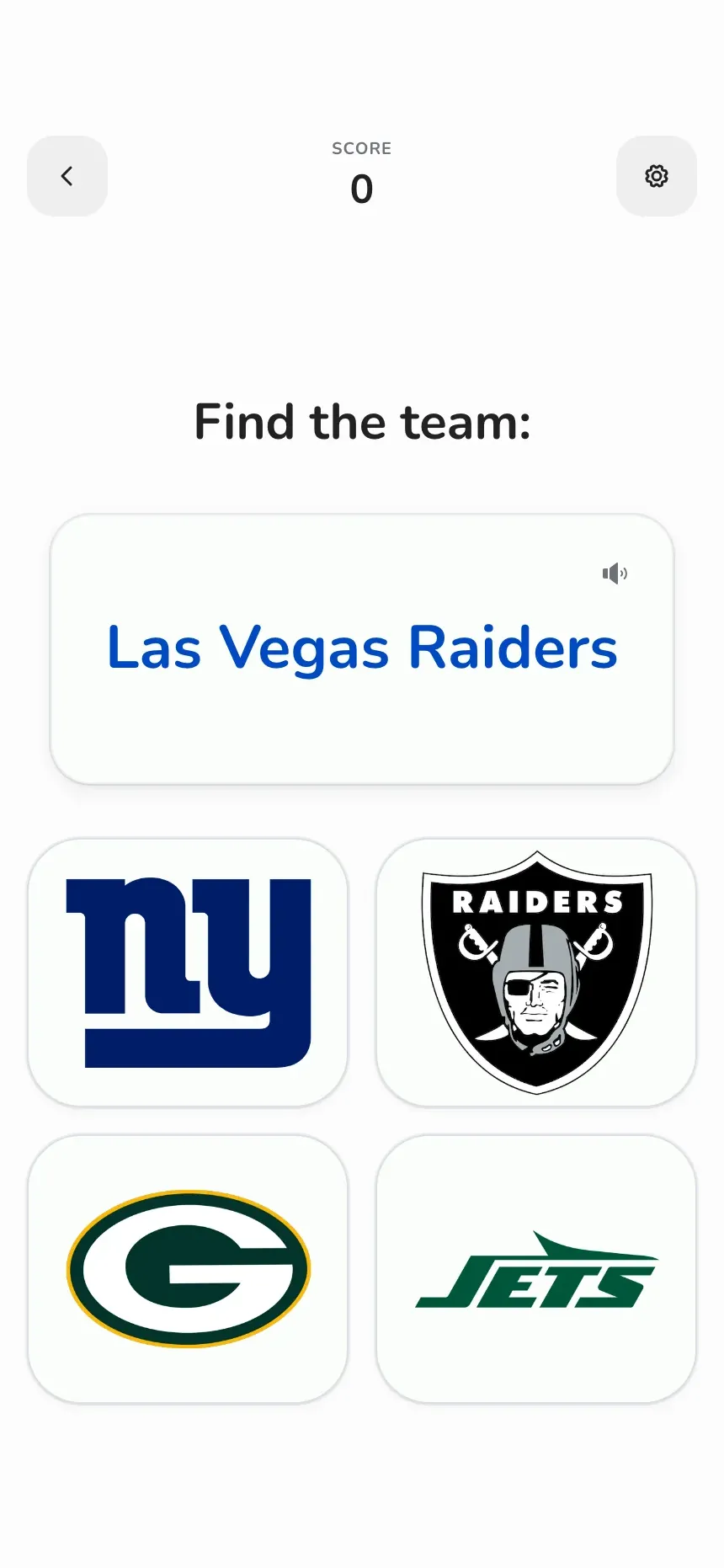 NFL team match game showing a logo and four team-name choices