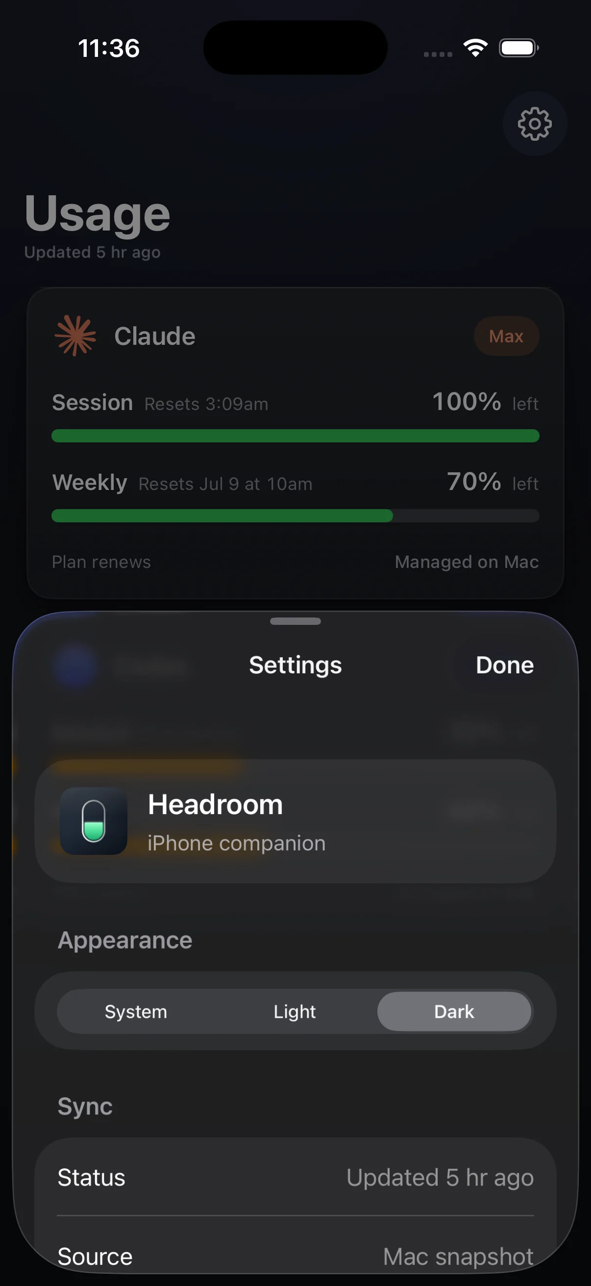 Headroom iPhone settings for iCloud sync and usage display preferences